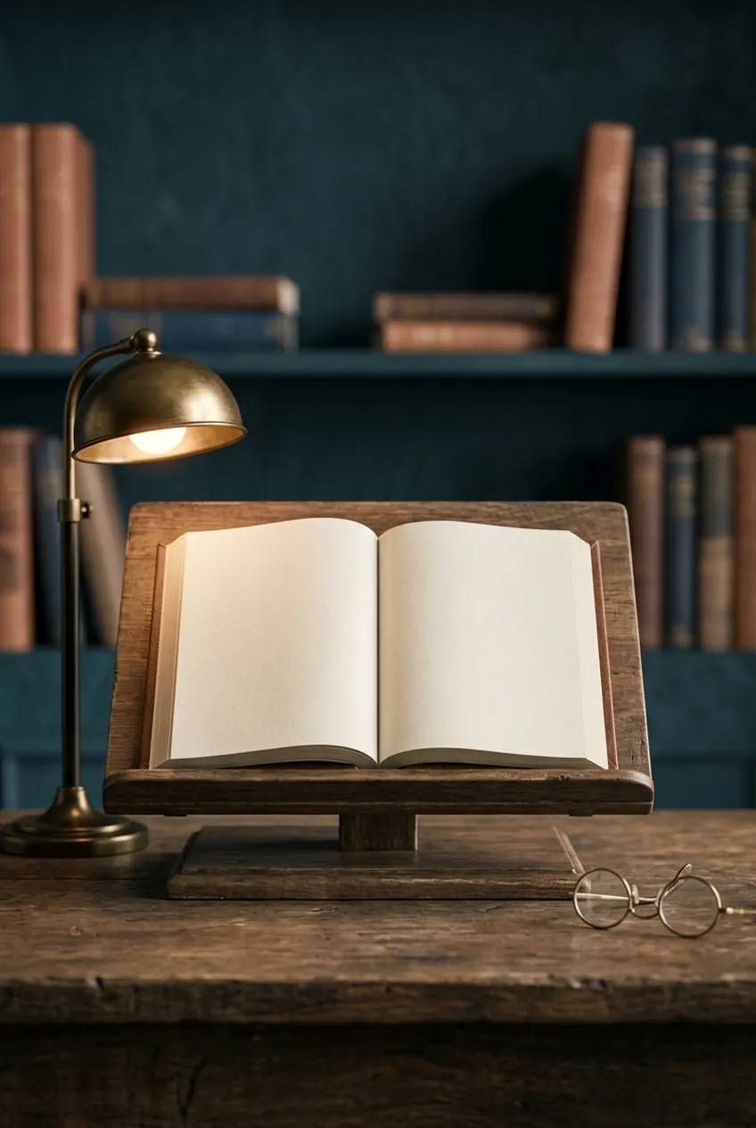 Atril de madeira com livro aberto, luminária de latão acesa e óculos de leitura apoiados na mesa
